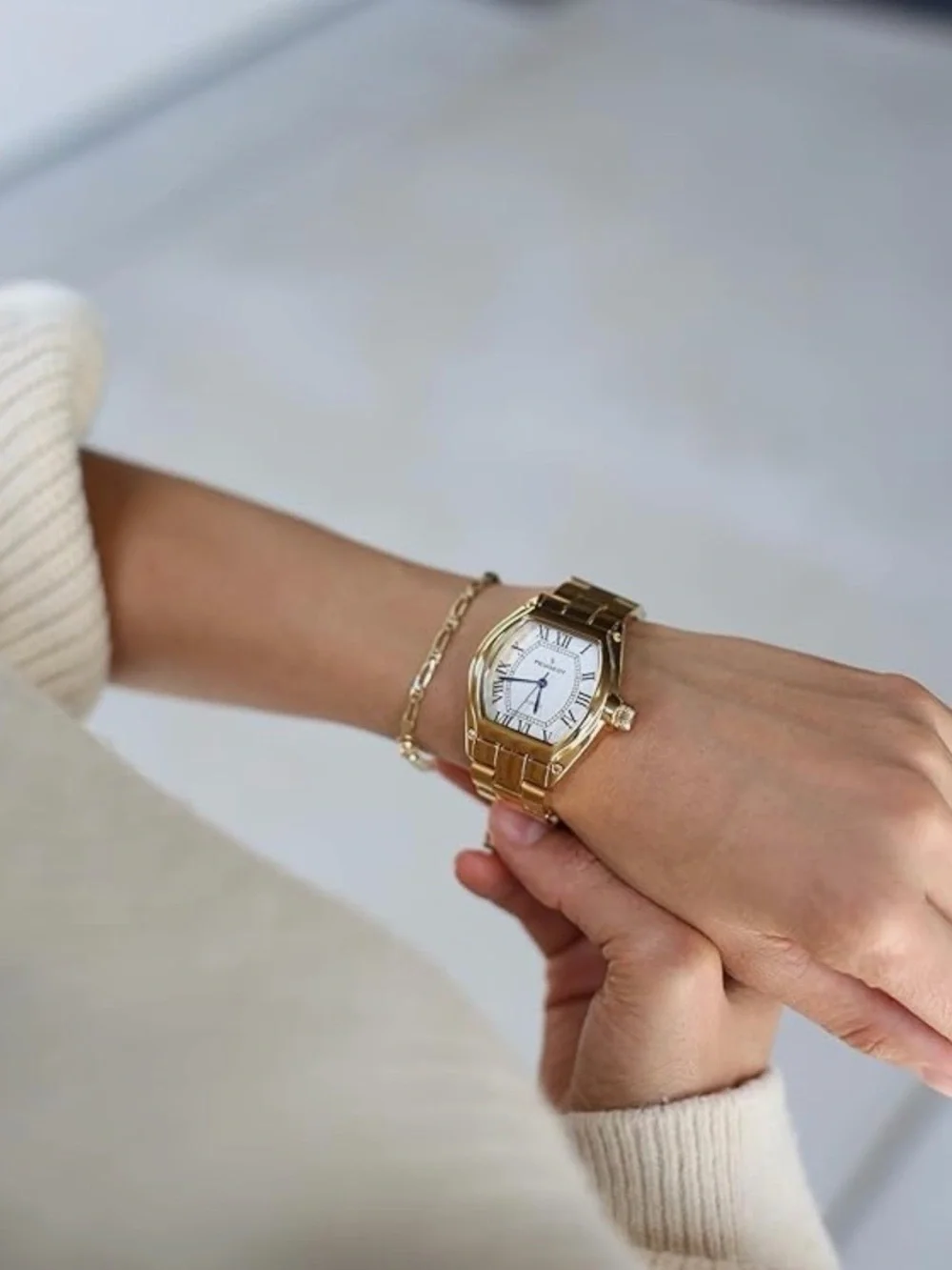 Peugeot GoldTone Tank Women’s Roman Numeral Bracelet Dress Watch Luxury Inspired